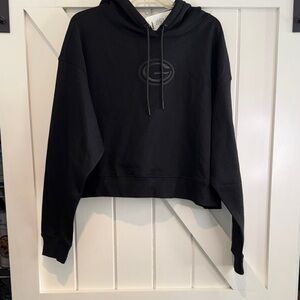 Black Cropped Crewneck Hoodie with Subtle Embossed Emblem
